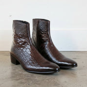 Men's Dark Brown Plain-Toe Crocodile-Embossed Leather Ankle Boots