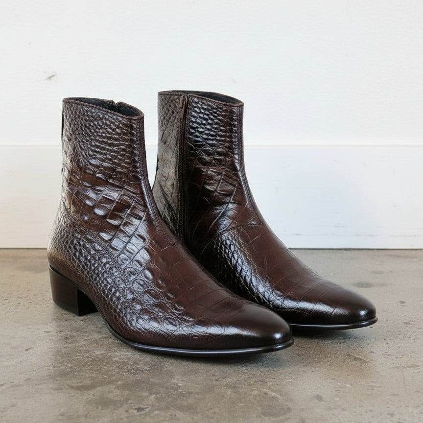 Men's Dark Brown Plain-Toe Crocodile-Embossed Leather Ankle Boots