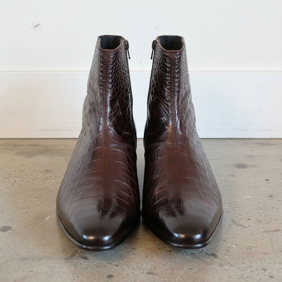 Men's Dark Brown Plain-Toe Crocodile-Embossed Leather Ankle Boots
