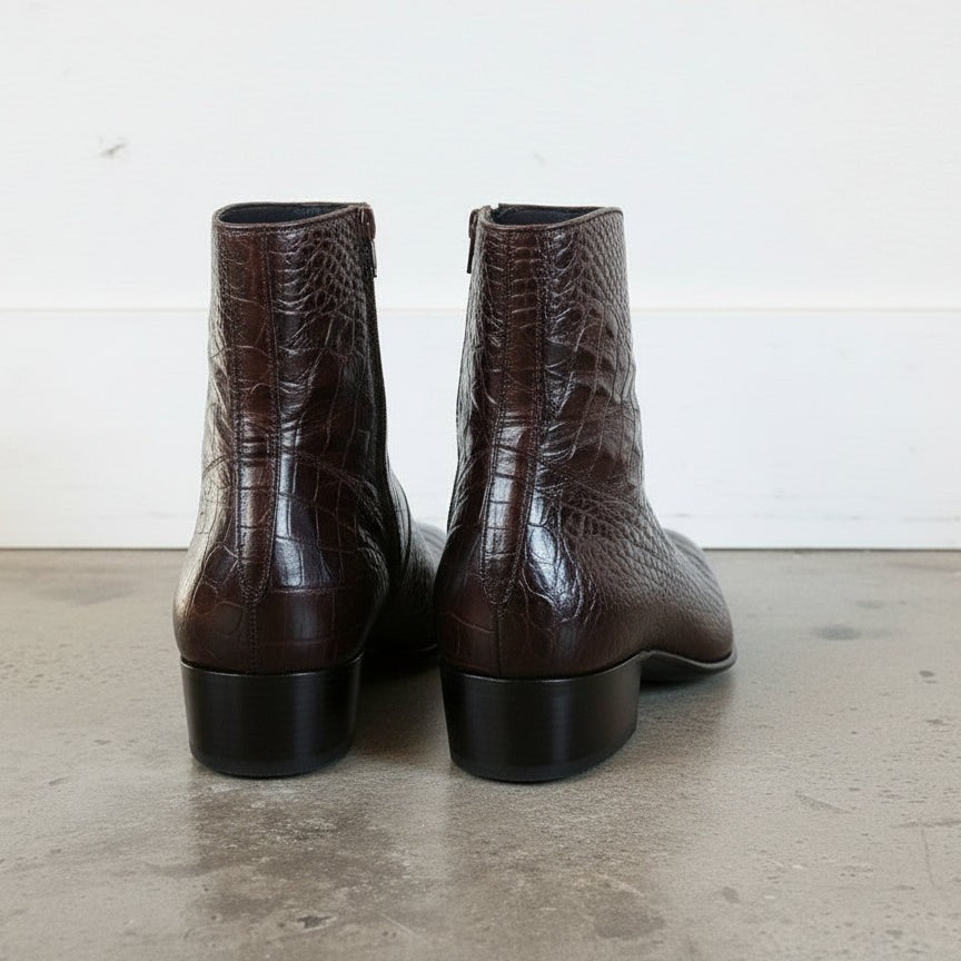 Men's Dark Brown Plain-Toe Crocodile-Embossed Leather Ankle Boots