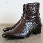 Men's Dark Brown Plain-Toe Crocodile-Embossed Leather Ankle Boots