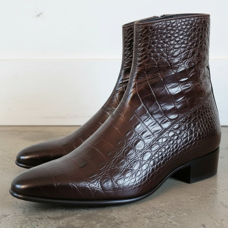 Men's Dark Brown Plain-Toe Crocodile-Embossed Leather Ankle Boots