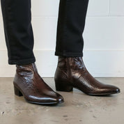 Men's Dark Brown Plain-Toe Crocodile-Embossed Leather Ankle Boots
