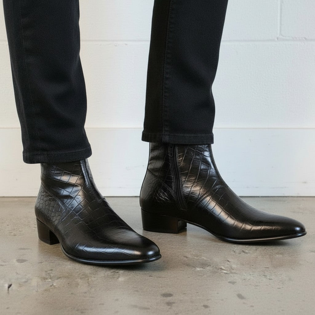 Men's Black Plain-Toe Crocodile-Embossed Leather Ankle Boots