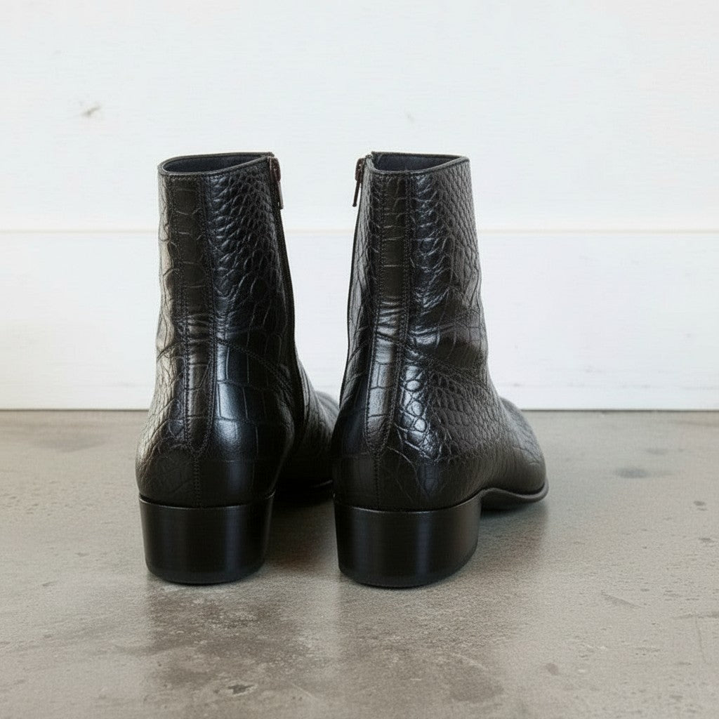 Men's Black Plain-Toe Crocodile-Embossed Leather Ankle Boots