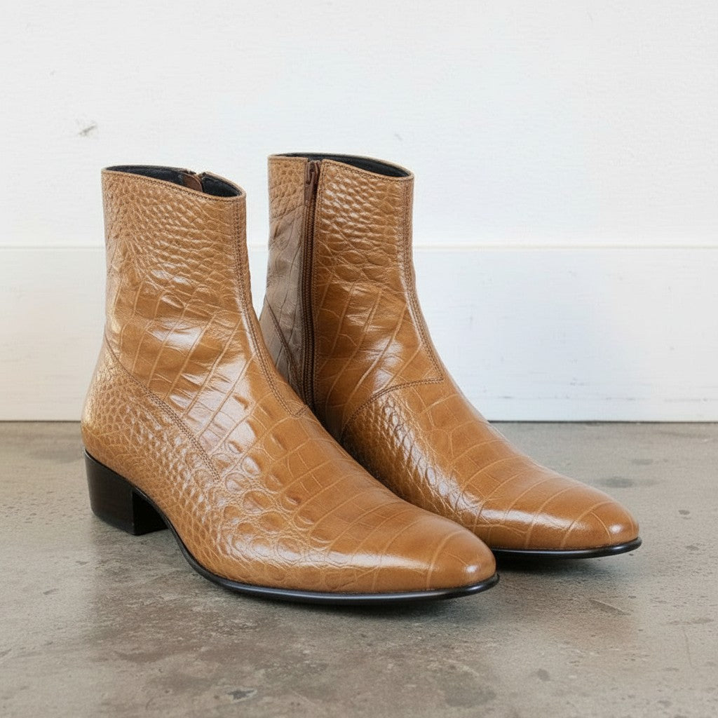 Men's Tan Plain-Toe Crocodile-Embossed Leather Ankle Boots