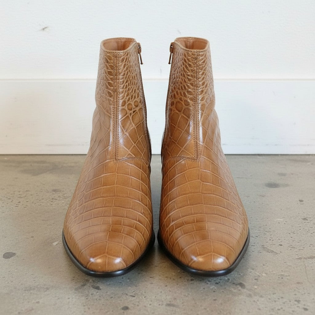 Men's Tan Plain-Toe Crocodile-Embossed Leather Ankle Boots