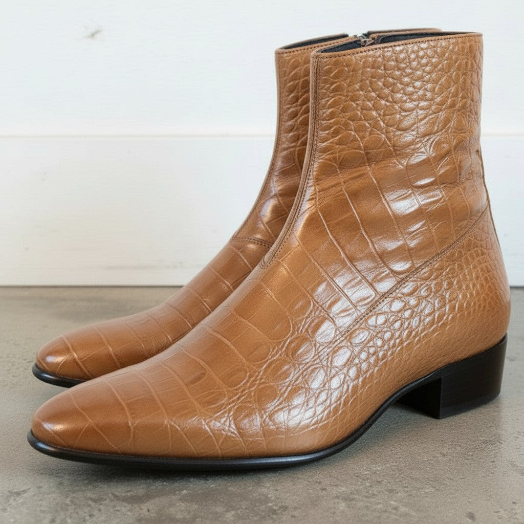 Men's Tan Plain-Toe Crocodile-Embossed Leather Ankle Boots