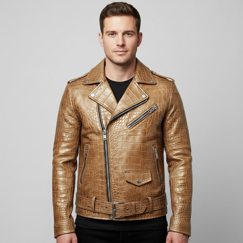 Men's Tan Crocodile Embossed Leather Biker Jacket