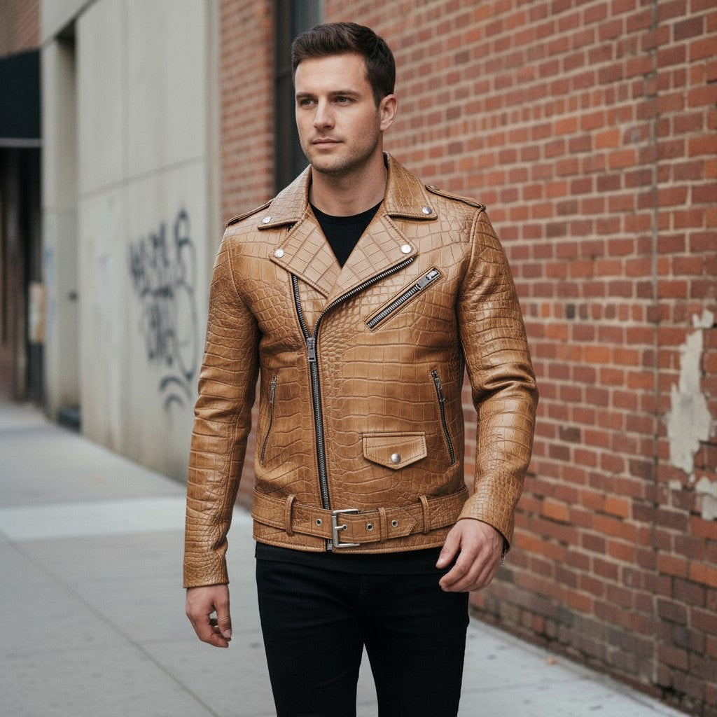 Men's Tan Crocodile Embossed Leather Biker Jacket