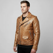 Men's Tan Crocodile Embossed Leather Biker Jacket