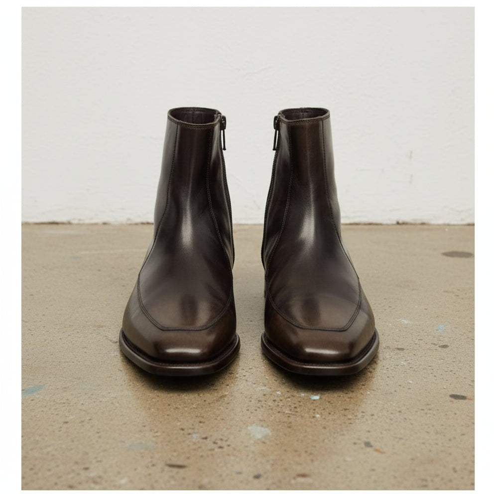 Men's Dark Brown Apron-Toe Leather Boots