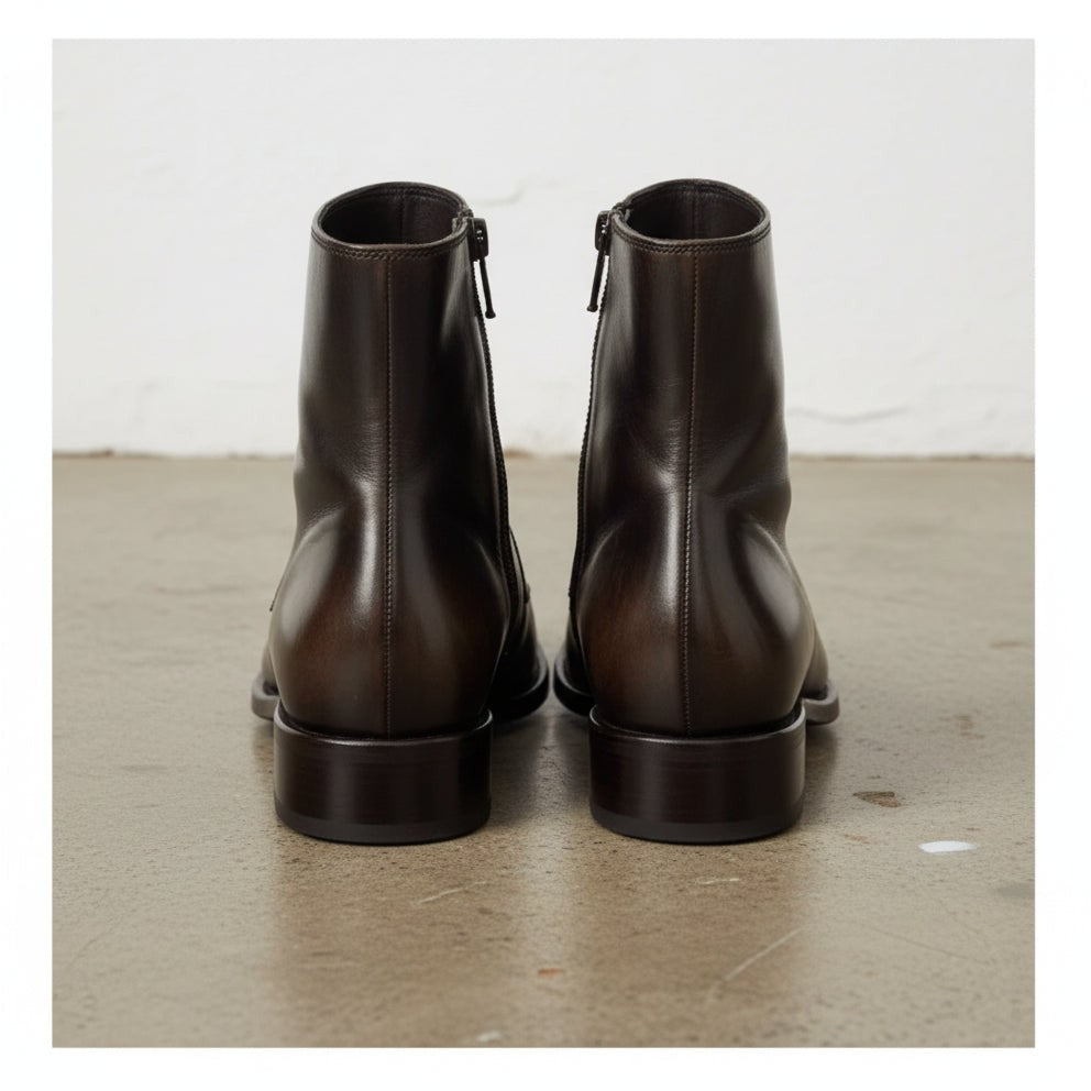 Men's Dark Brown Apron-Toe Leather Boots