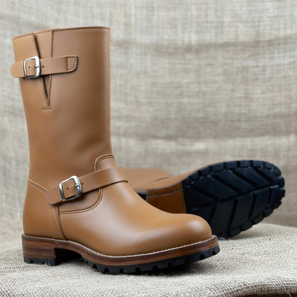 Men's Tan Buckle Leather Biker Boots