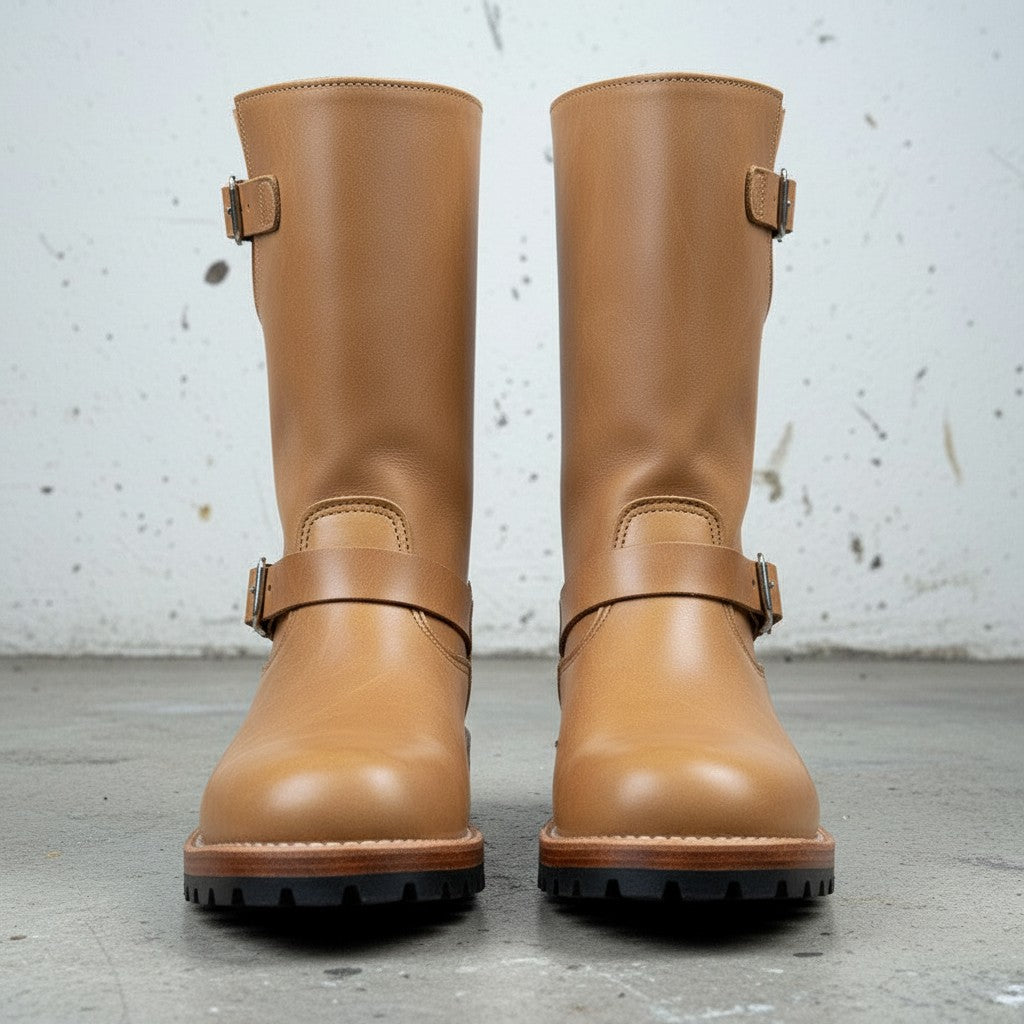 Men's Tan Buckle Leather Biker Boots