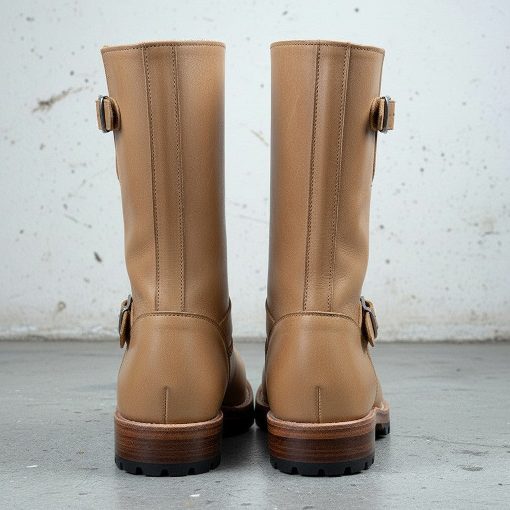 Men's Tan Buckle Leather Biker Boots