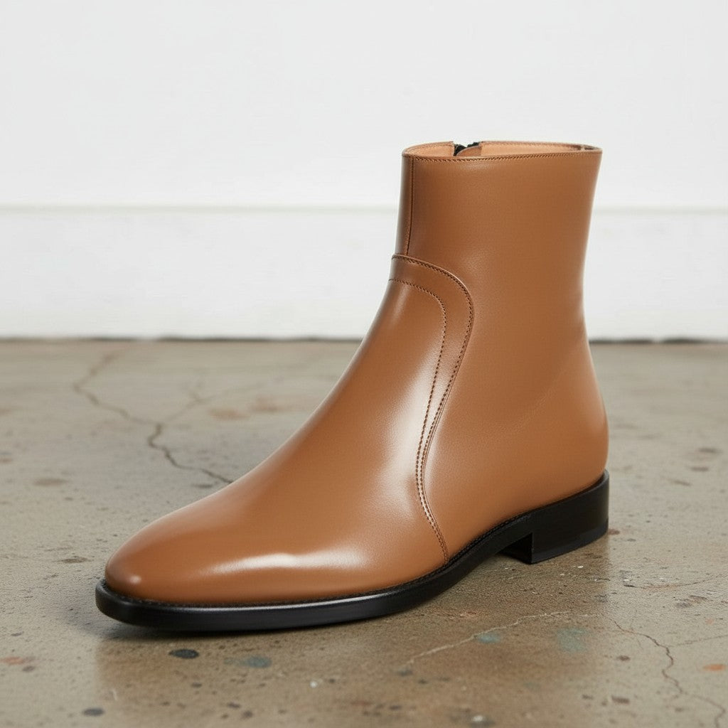Men's Tan Plain-Toe Leather Ankle Boots