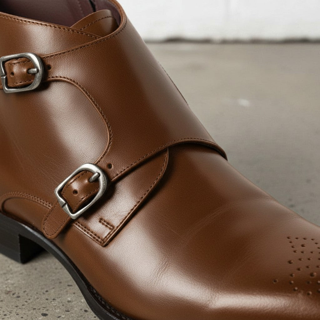 Men's Brown Plain-Toe Leather Double Monk Boots