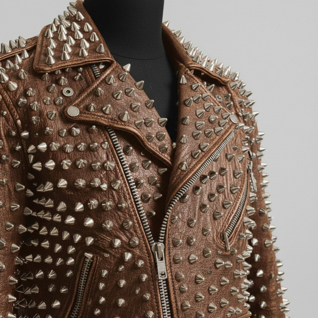 Men's Brown Silver Studded Leather Biker Jacket