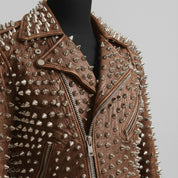 Men's Brown Silver Studded Leather Biker Jacket