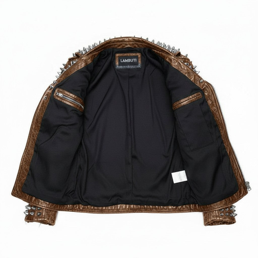 Men's Brown Silver Studded Leather Biker Jacket