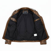 Men's Brown Silver Studded Leather Biker Jacket