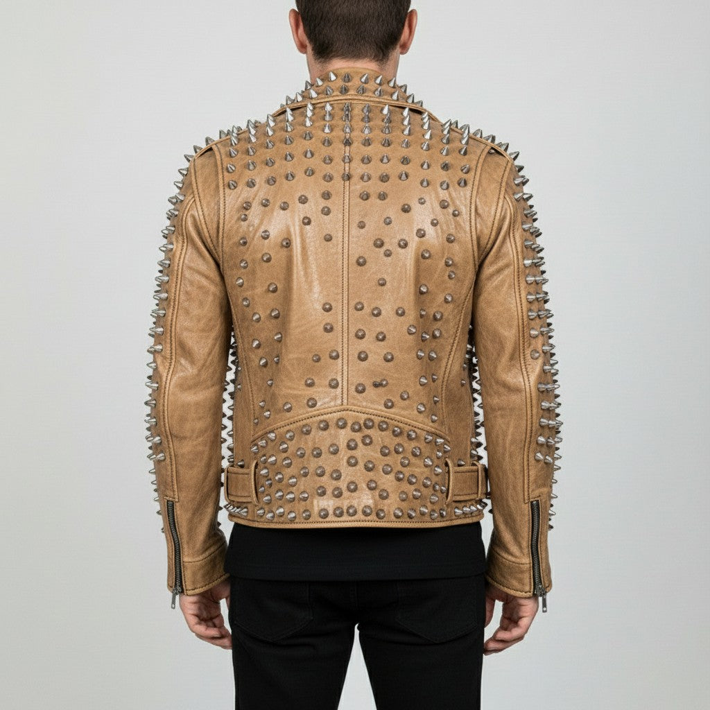 Men's Tan Silver Studded Leather Biker Jacket