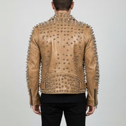 Men's Tan Silver Studded Leather Biker Jacket