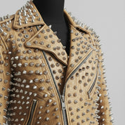 Men's Tan Silver Studded Leather Biker Jacket