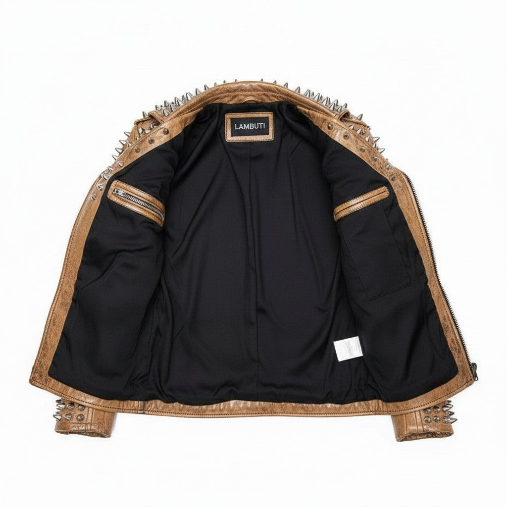 Men's Tan Silver Studded Leather Biker Jacket