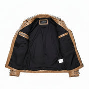 Men's Tan Silver Studded Leather Biker Jacket