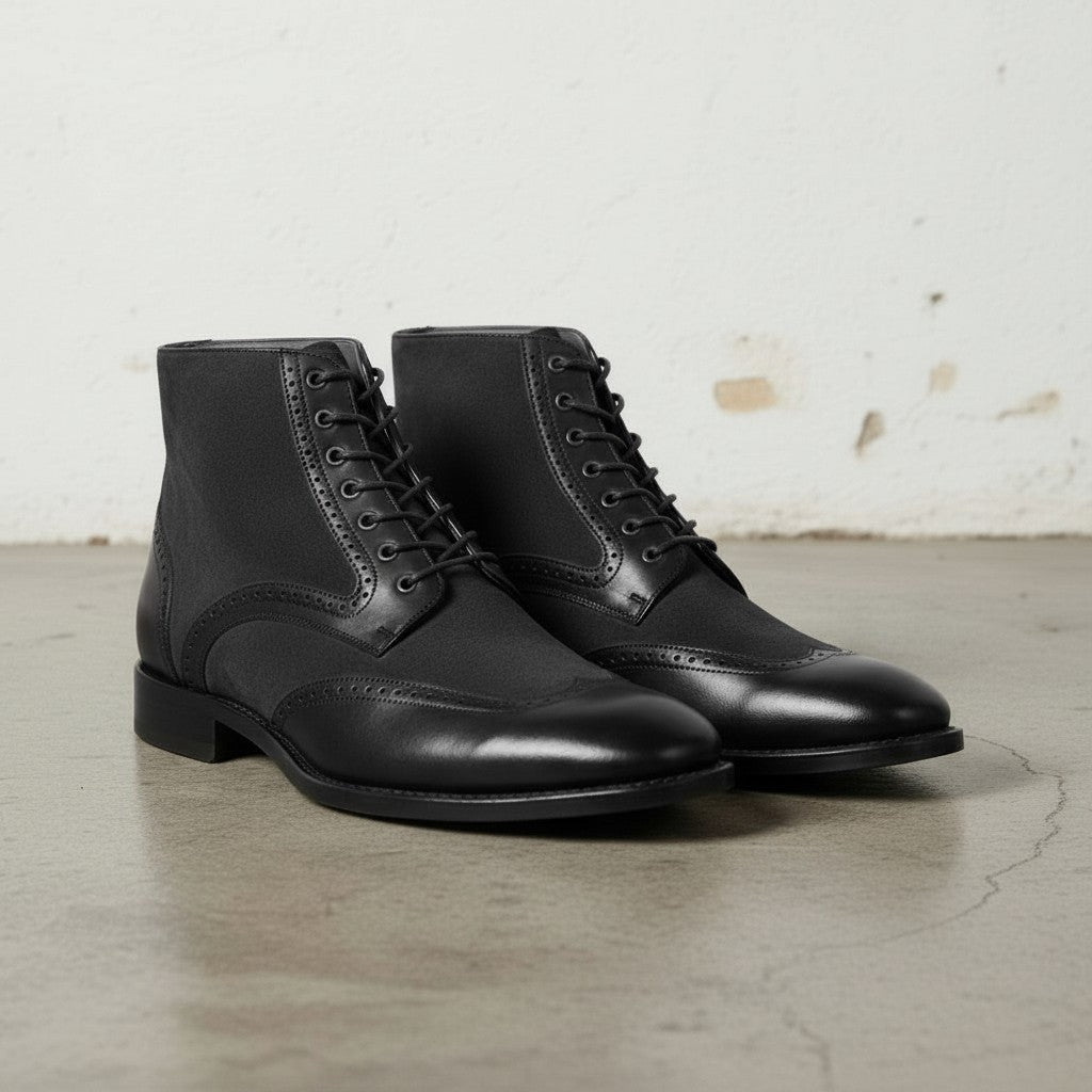 Men's Black Wingtip Leather and Suede Derby Boots