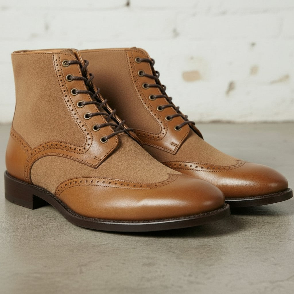 Men's Tan Wingtip Leather and Suede Derby Boots