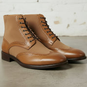 Men's Tan Wingtip Leather and Suede Derby Boots