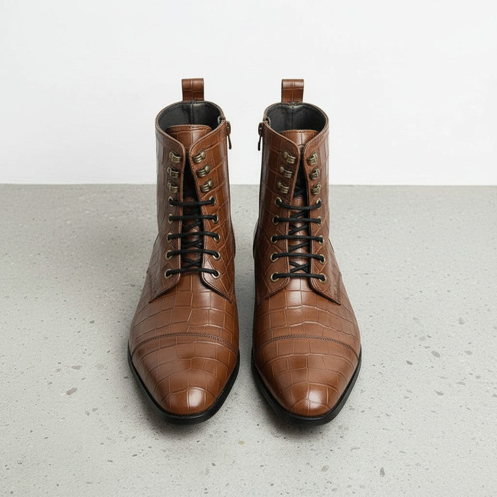 Men's Brown Crocodile-Embossed Leather Lace-Up Boots