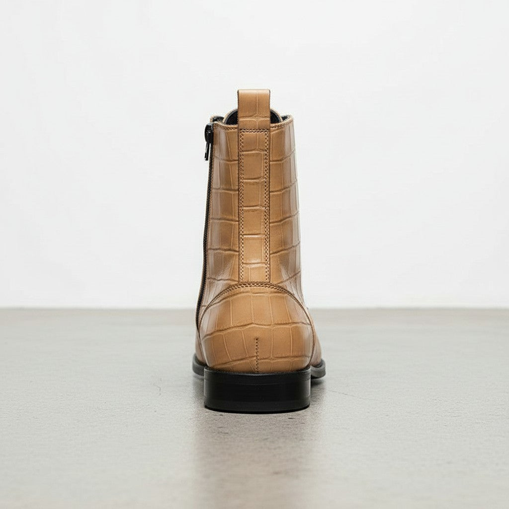 Men's Tan Crocodile-Embossed Leather Lace-Up Boots