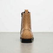 Men's Tan Crocodile-Embossed Leather Lace-Up Boots