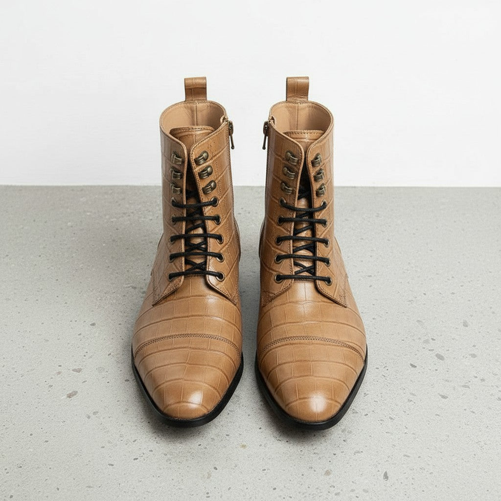 Men's Tan Crocodile-Embossed Leather Lace-Up Boots