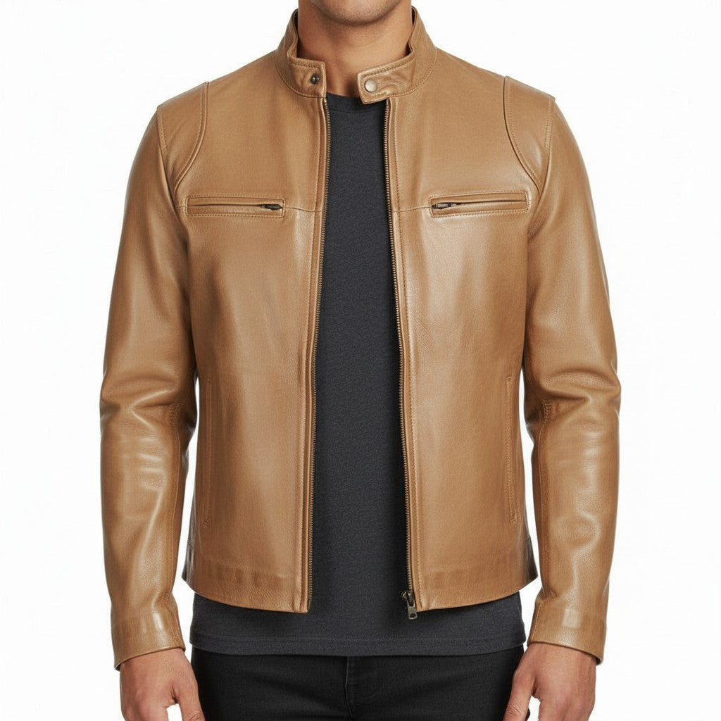 Men's Tan Leather Biker Jacket