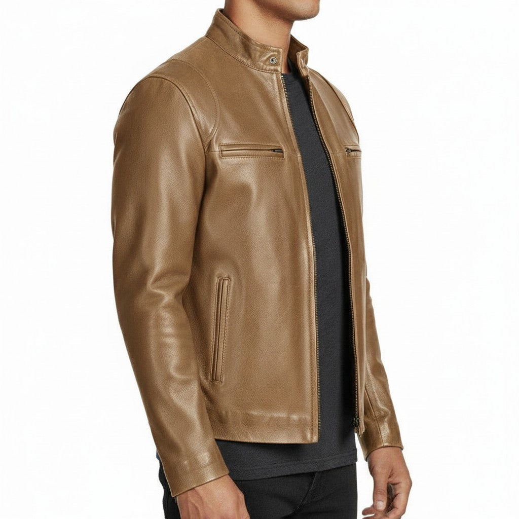 Men's Tan Leather Biker Jacket