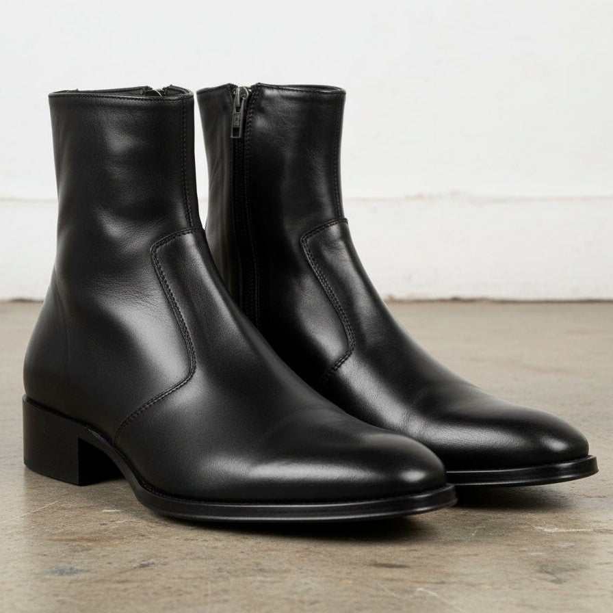 Men's Black Plain-Toe Zip Leather Ankle Boots