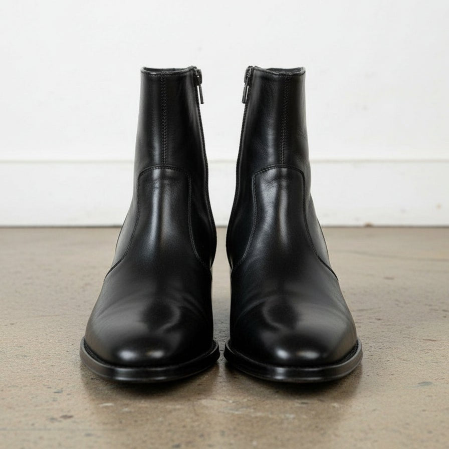 Men's Black Plain-Toe Zip Leather Ankle Boots