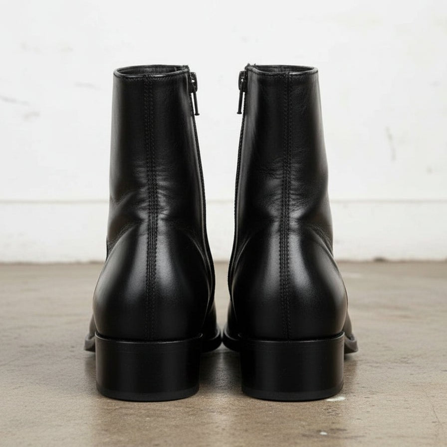 Men's Black Plain-Toe Zip Leather Ankle Boots