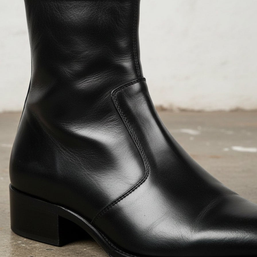 Men's Black Plain-Toe Zip Leather Ankle Boots