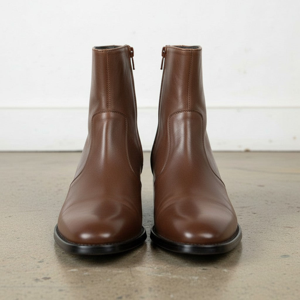 Men's Brown Plain-Toe Zip Leather Ankle Boots