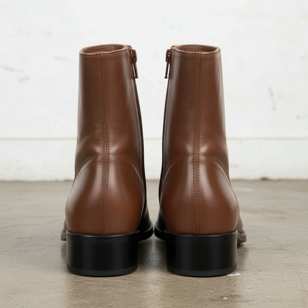 Men's Brown Plain-Toe Zip Leather Ankle Boots