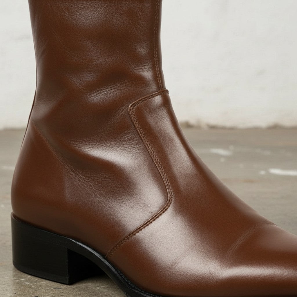 Men's Brown Plain-Toe Zip Leather Ankle Boots
