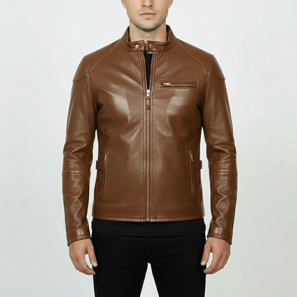 Men's Brown Slim Fit Leather Biker Jacket