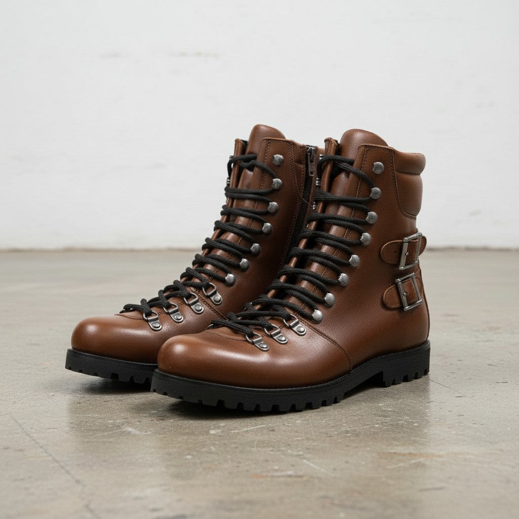 Men's Brown Plain-Toe Leather Hiker Boots