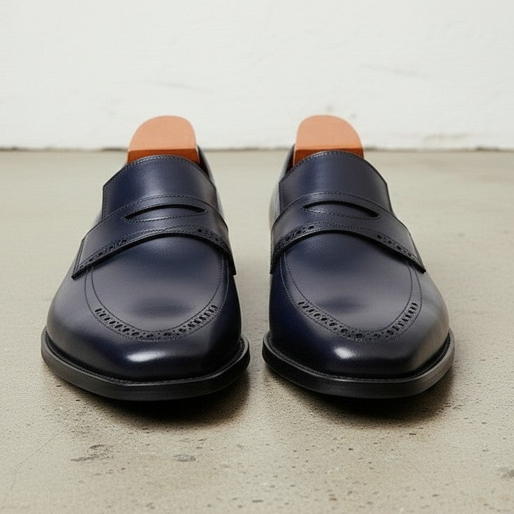 Men's Dark Blue Cap-Toe Leather Penny Loafers